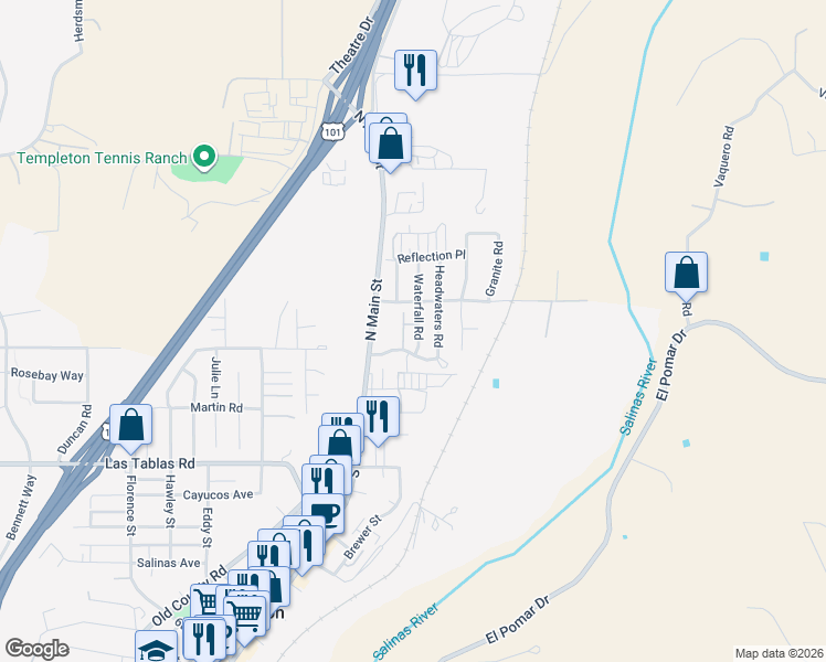 map of restaurants, bars, coffee shops, grocery stores, and more near 151 Watering Place in Templeton
