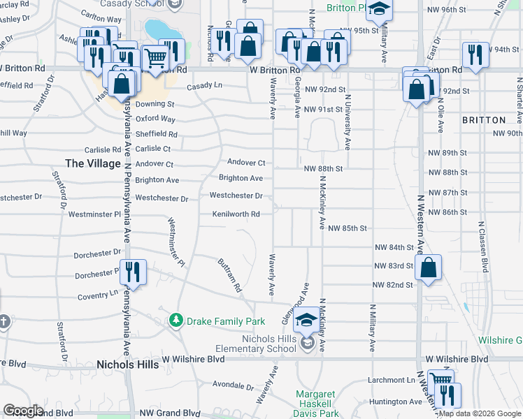 map of restaurants, bars, coffee shops, grocery stores, and more near 1300 Westchester Drive in Oklahoma City