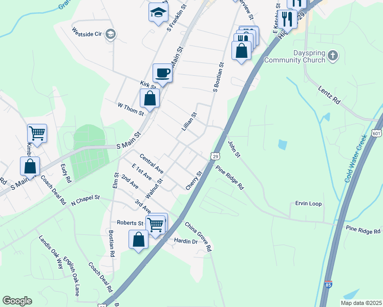 map of restaurants, bars, coffee shops, grocery stores, and more near 27 East Thom Street in China Grove