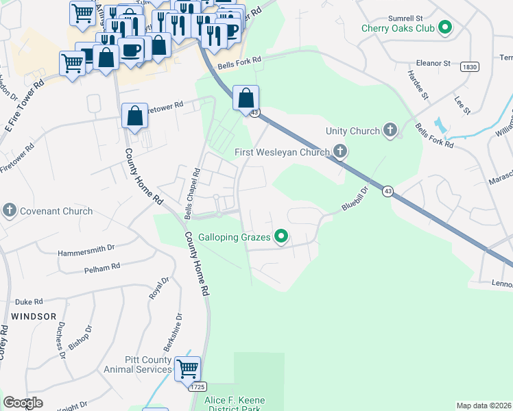 map of restaurants, bars, coffee shops, grocery stores, and more near 4140 Kittrell Farms Drive in Greenville