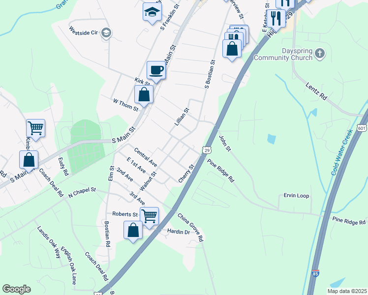 map of restaurants, bars, coffee shops, grocery stores, and more near 27 East Thom Street in China Grove