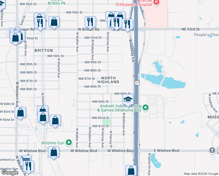 map of restaurants, bars, coffee shops, grocery stores, and more near 245 Northwest 86th Street in Oklahoma City