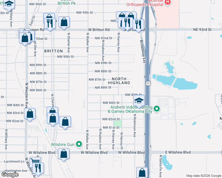 map of restaurants, bars, coffee shops, grocery stores, and more near 333 Northwest 86th Street in Oklahoma City