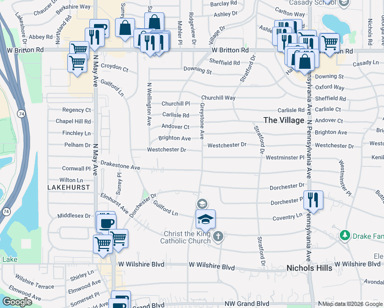 map of restaurants, bars, coffee shops, grocery stores, and more near 2101 Westchester Drive in The Village