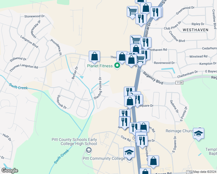 map of restaurants, bars, coffee shops, grocery stores, and more near 3827 Sterling Pointe Drive in Winterville