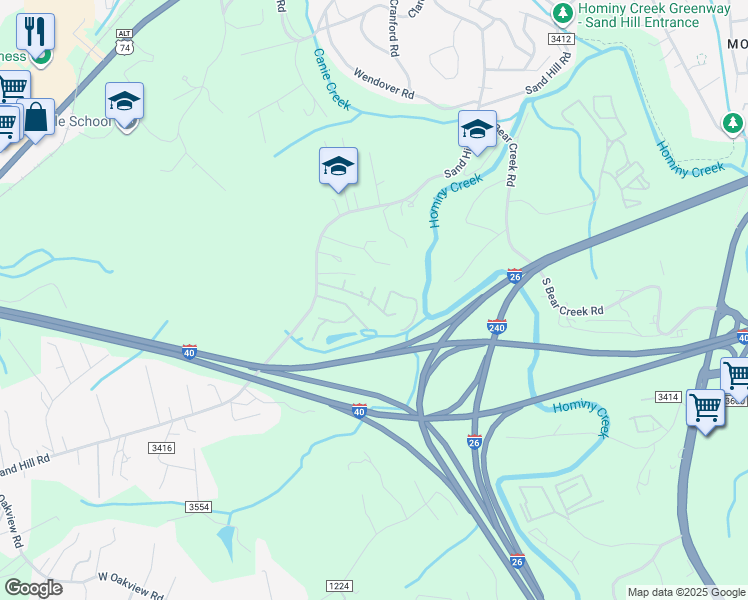 map of restaurants, bars, coffee shops, grocery stores, and more near 710 Sand Hill Road in Asheville
