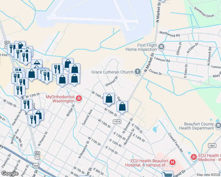map of restaurants, bars, coffee shops, grocery stores, and more near 211 Oak Drive in Washington