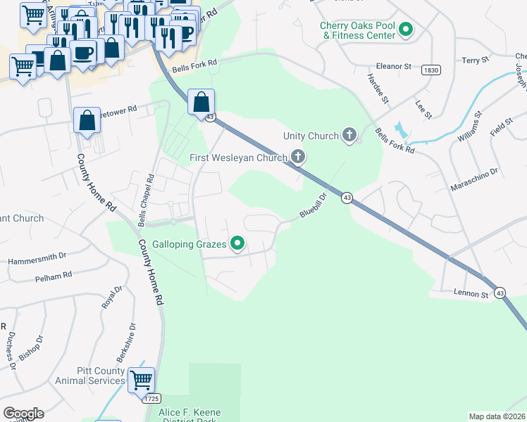 map of restaurants, bars, coffee shops, grocery stores, and more near 1800 Fox Den Way in Greenville
