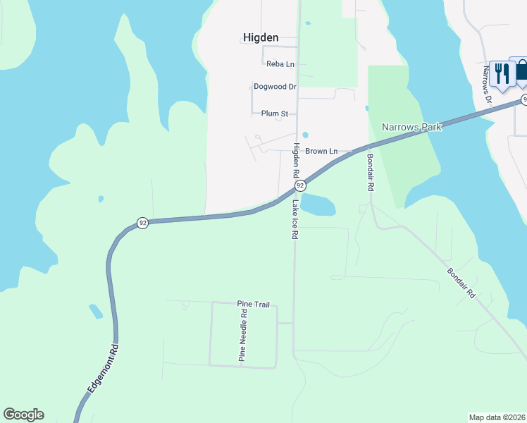 map of restaurants, bars, coffee shops, grocery stores, and more near 7399 Edgemont Road in Higden