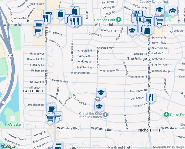 map of restaurants, bars, coffee shops, grocery stores, and more near 2101 Westchester Drive in The Village