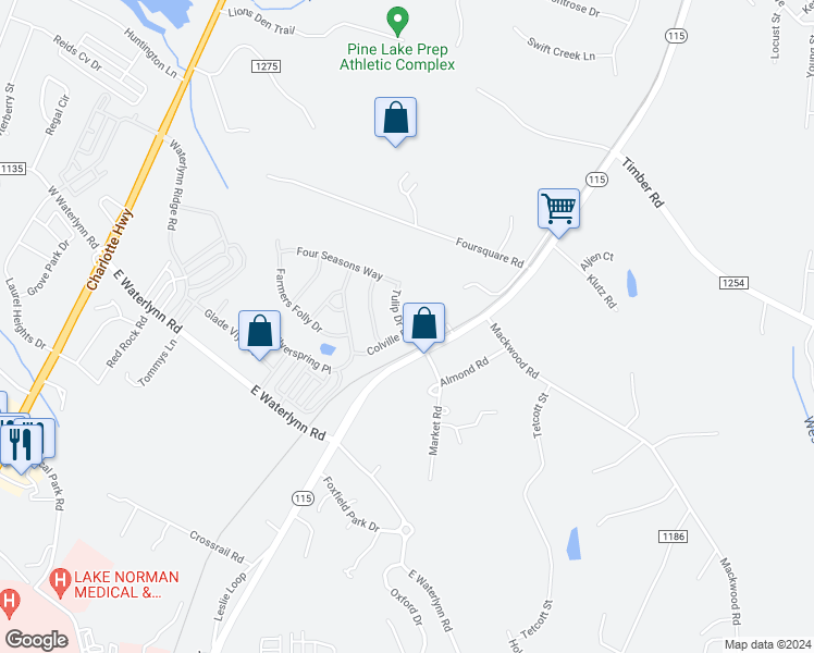 map of restaurants, bars, coffee shops, grocery stores, and more near 131 Colville Road in Mooresville