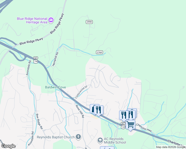 map of restaurants, bars, coffee shops, grocery stores, and more near 74 Cedarwood Drive in Asheville