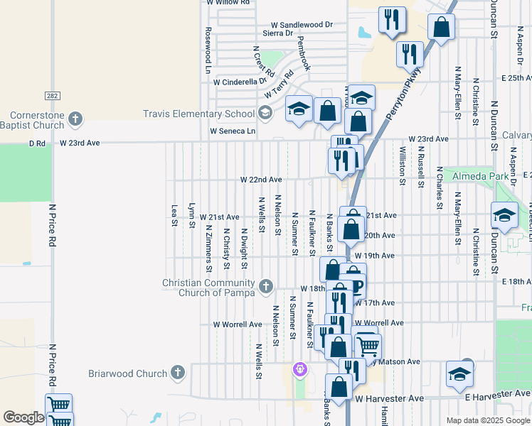 map of restaurants, bars, coffee shops, grocery stores, and more near 2100 North Wells Street in Pampa
