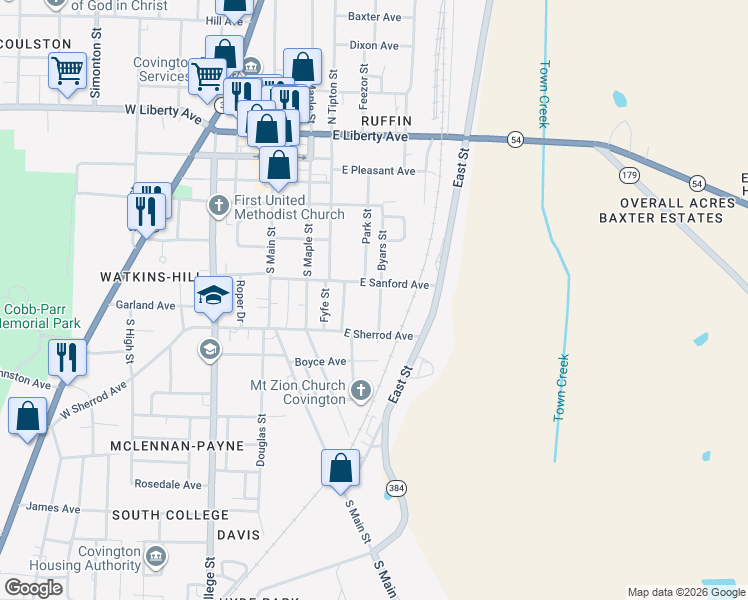 map of restaurants, bars, coffee shops, grocery stores, and more near 501 East Sanford Avenue in Covington