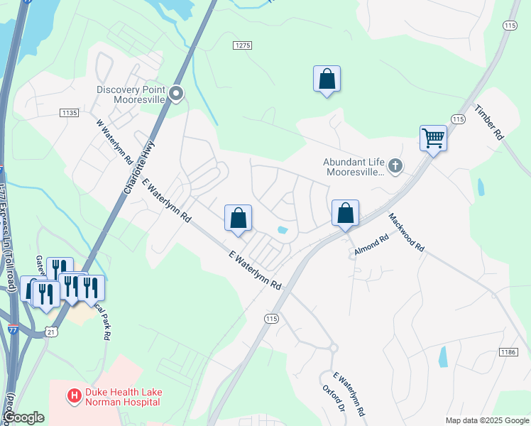 map of restaurants, bars, coffee shops, grocery stores, and more near 123 Farmers Folly Drive in Mooresville