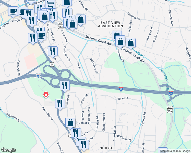 map of restaurants, bars, coffee shops, grocery stores, and more near 243 Brooklyn Lane in Asheville