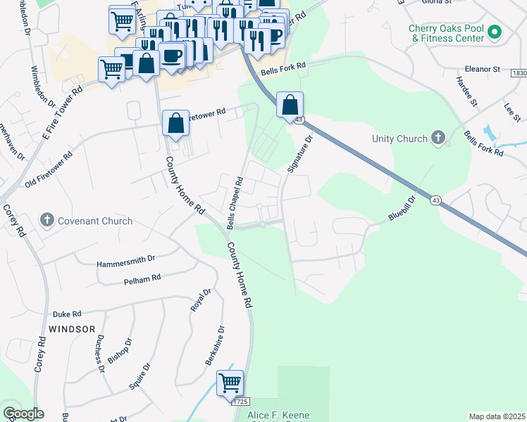 map of restaurants, bars, coffee shops, grocery stores, and more near 2208 Bellamy Drive in Greenville