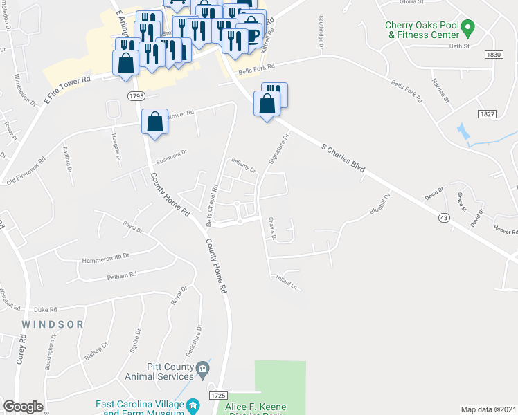 map of restaurants, bars, coffee shops, grocery stores, and more near Signature Drive in Greenville