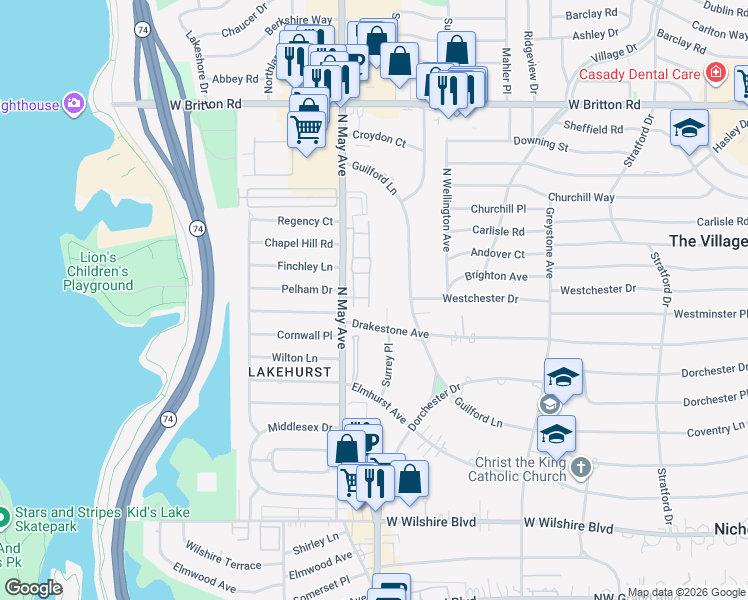 map of restaurants, bars, coffee shops, grocery stores, and more near 8630 North May Avenue in Oklahoma City