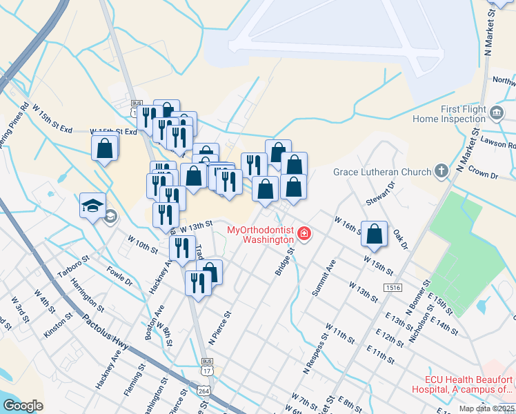 map of restaurants, bars, coffee shops, grocery stores, and more near 1406 Washington Street in Washington