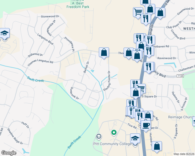 map of restaurants, bars, coffee shops, grocery stores, and more near 3814 Sterling Pointe Drive in Winterville