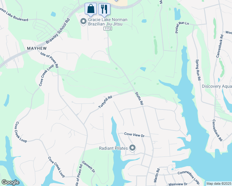 map of restaurants, bars, coffee shops, grocery stores, and more near 136 Turbyfill Road in Mooresville