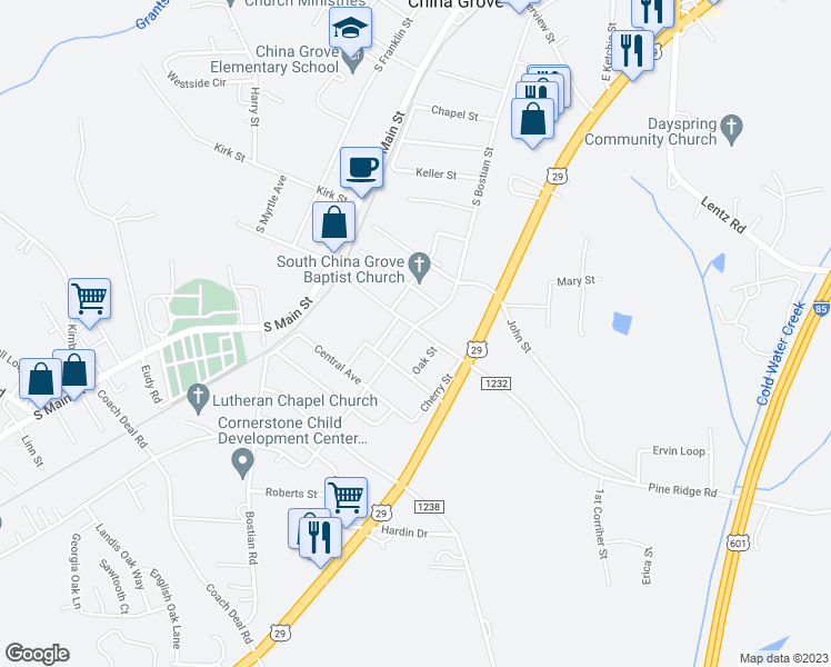 map of restaurants, bars, coffee shops, grocery stores, and more near 14 East Thom Street in China Grove