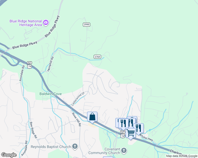 map of restaurants, bars, coffee shops, grocery stores, and more near 27 Cedar Summit Road in Asheville