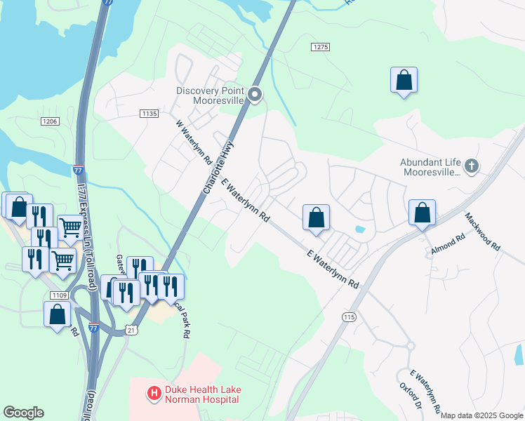 map of restaurants, bars, coffee shops, grocery stores, and more near 207 Waterlynn Ridge Road in Mooresville