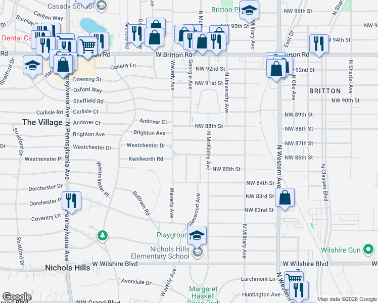 map of restaurants, bars, coffee shops, grocery stores, and more near 1225 Kenilworth Road in Oklahoma City
