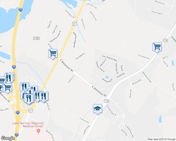 map of restaurants, bars, coffee shops, grocery stores, and more near 107 Ameena Chase Trail in Mooresville