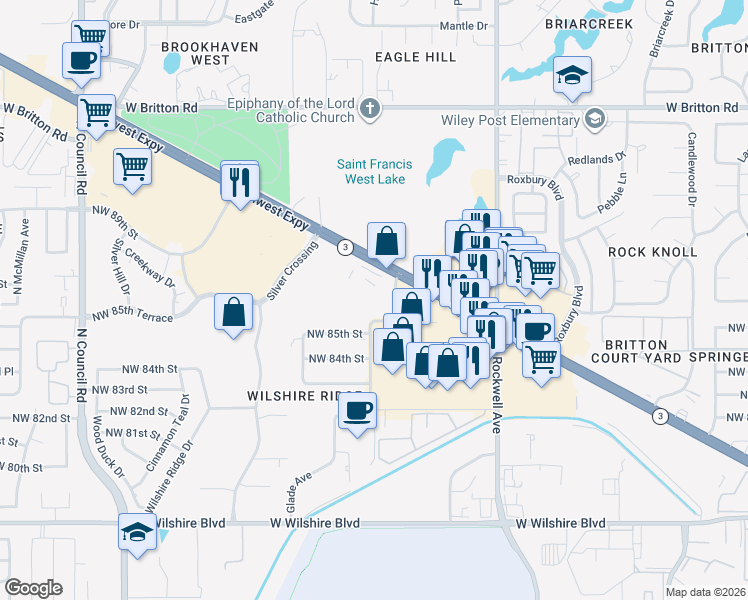 map of restaurants, bars, coffee shops, grocery stores, and more near 7320 Northwest Expressway in Oklahoma City