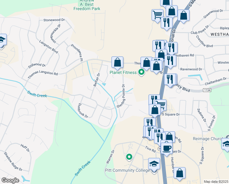 map of restaurants, bars, coffee shops, grocery stores, and more near 3822 Sterling Pointe Drive in Winterville
