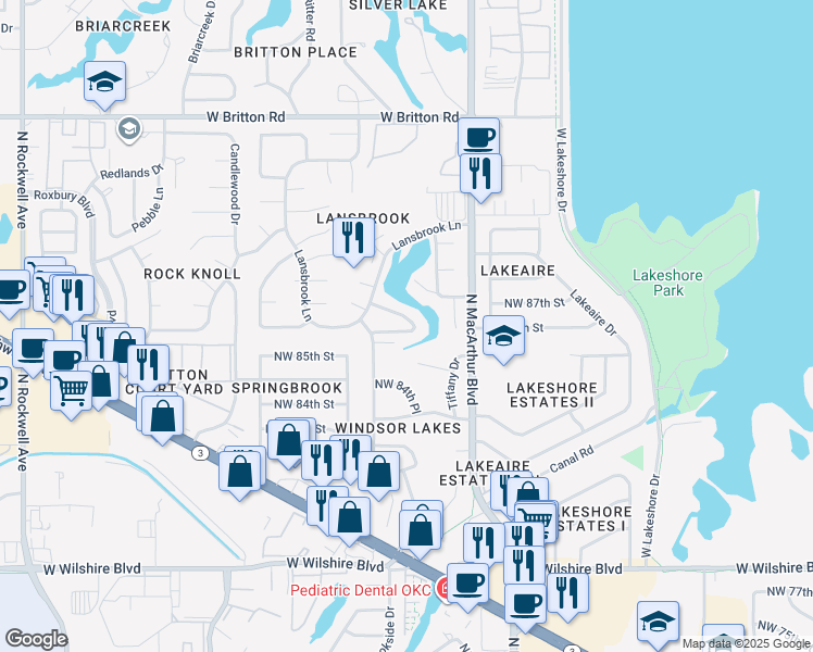 map of restaurants, bars, coffee shops, grocery stores, and more near 6010 Harwich Manor Street in Oklahoma City