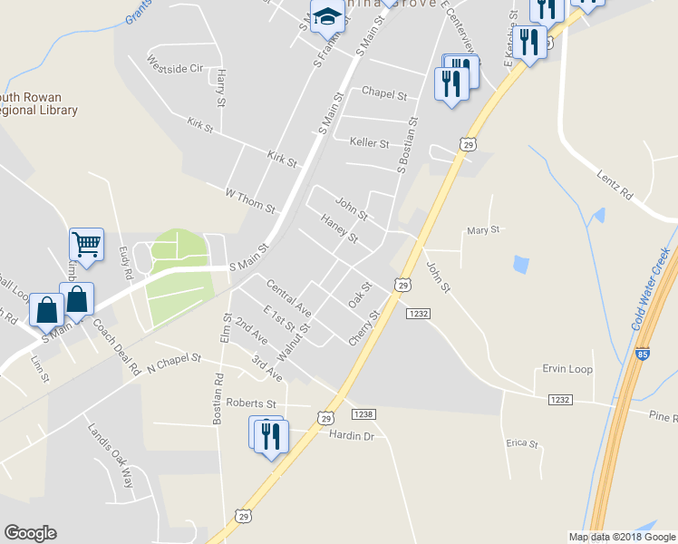 map of restaurants, bars, coffee shops, grocery stores, and more near 12 Walnut Street in China Grove