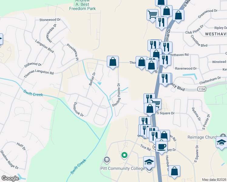 map of restaurants, bars, coffee shops, grocery stores, and more near 3822 Sterling Pointe Drive in Winterville