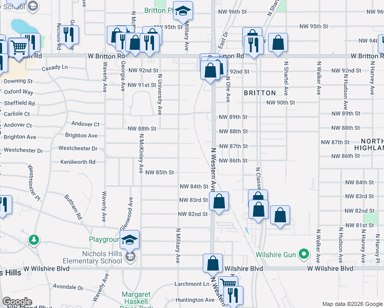 map of restaurants, bars, coffee shops, grocery stores, and more near 919 Kenilworth Road in Oklahoma City