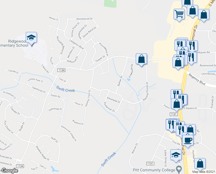 map of restaurants, bars, coffee shops, grocery stores, and more near 1404 Dunbrook Drive in Winterville