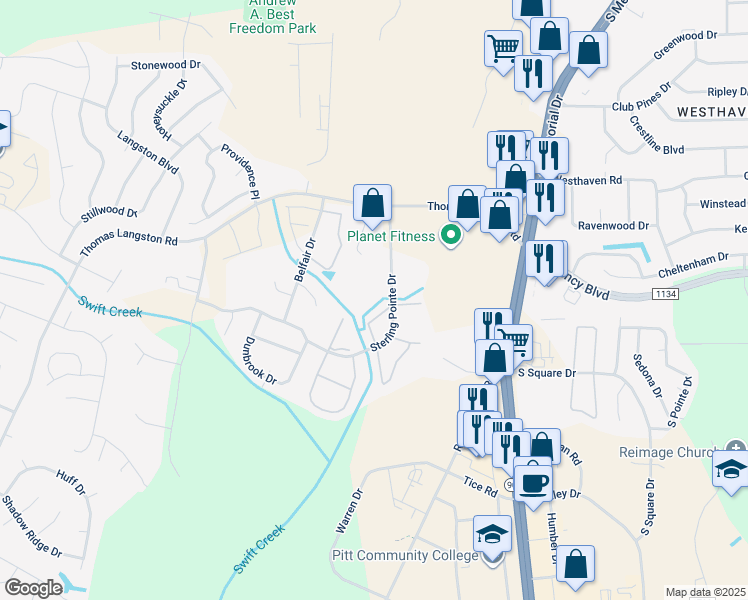 map of restaurants, bars, coffee shops, grocery stores, and more near 3822 Sterling Pointe Drive in Winterville