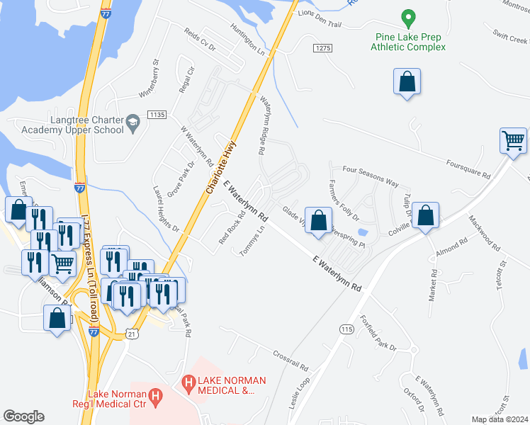 map of restaurants, bars, coffee shops, grocery stores, and more near 207 Waterlynn Ridge Road in Mooresville