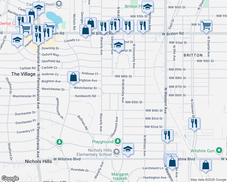 map of restaurants, bars, coffee shops, grocery stores, and more near 1225 Kenilworth Road in Oklahoma City