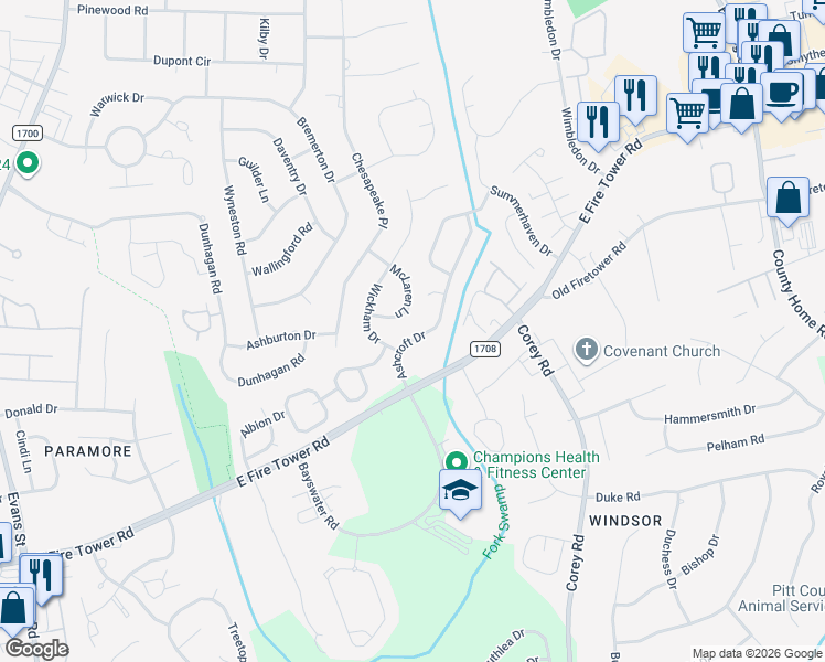 map of restaurants, bars, coffee shops, grocery stores, and more near 3108 McLaren Lane in Winterville