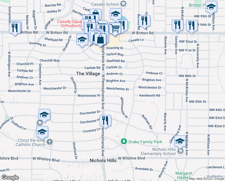 map of restaurants, bars, coffee shops, grocery stores, and more near 1608 Westchester Drive in Oklahoma City