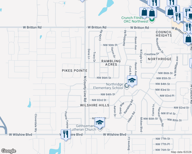 map of restaurants, bars, coffee shops, grocery stores, and more near 8700 Tracy Drive in Oklahoma City