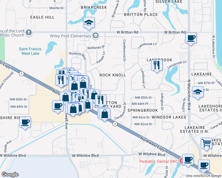 map of restaurants, bars, coffee shops, grocery stores, and more near 6645 Whitehall Drive in Oklahoma City