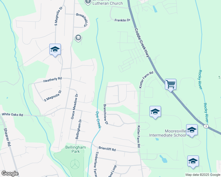 map of restaurants, bars, coffee shops, grocery stores, and more near 305 North Main Street in Mooresville