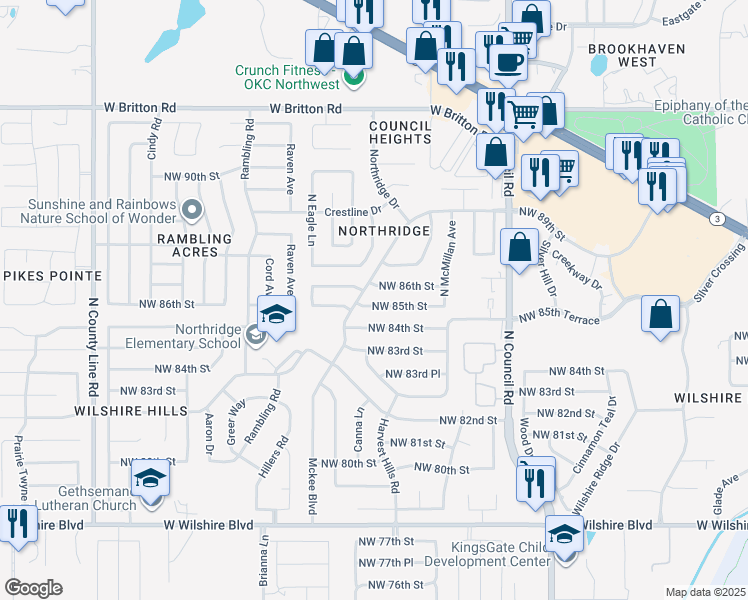 map of restaurants, bars, coffee shops, grocery stores, and more near 8317 Northwest 85th Street in Oklahoma City
