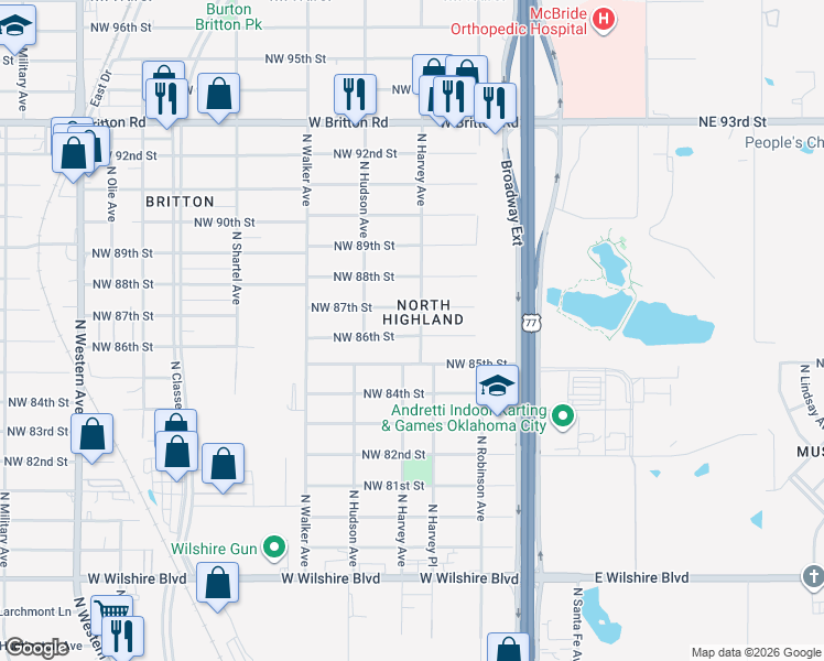map of restaurants, bars, coffee shops, grocery stores, and more near 305 Northwest 86th Street in Oklahoma City