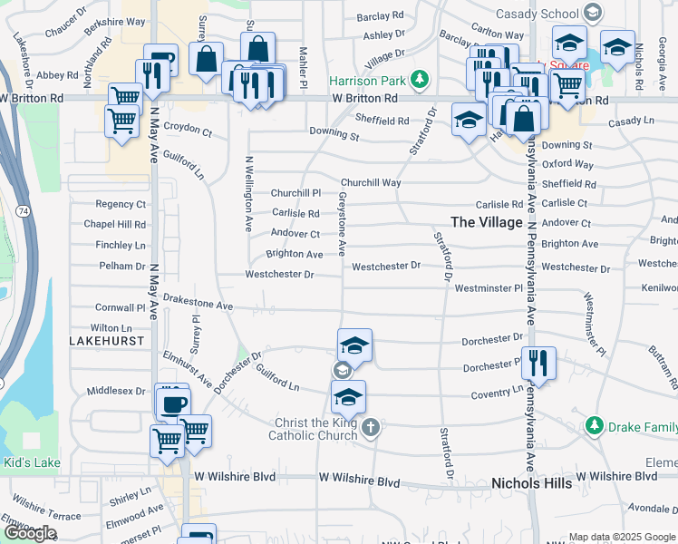 map of restaurants, bars, coffee shops, grocery stores, and more near 2101 Westchester Drive in The Village