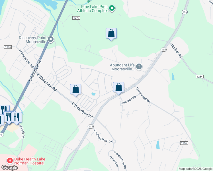 map of restaurants, bars, coffee shops, grocery stores, and more near 114 Sand Spur Drive in Mooresville